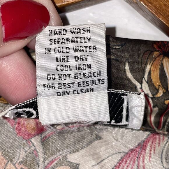 100% Silk Floral Blouse Brown Orange Red Long Sleeve Button Front Women’s Large - Picture 6 of 9